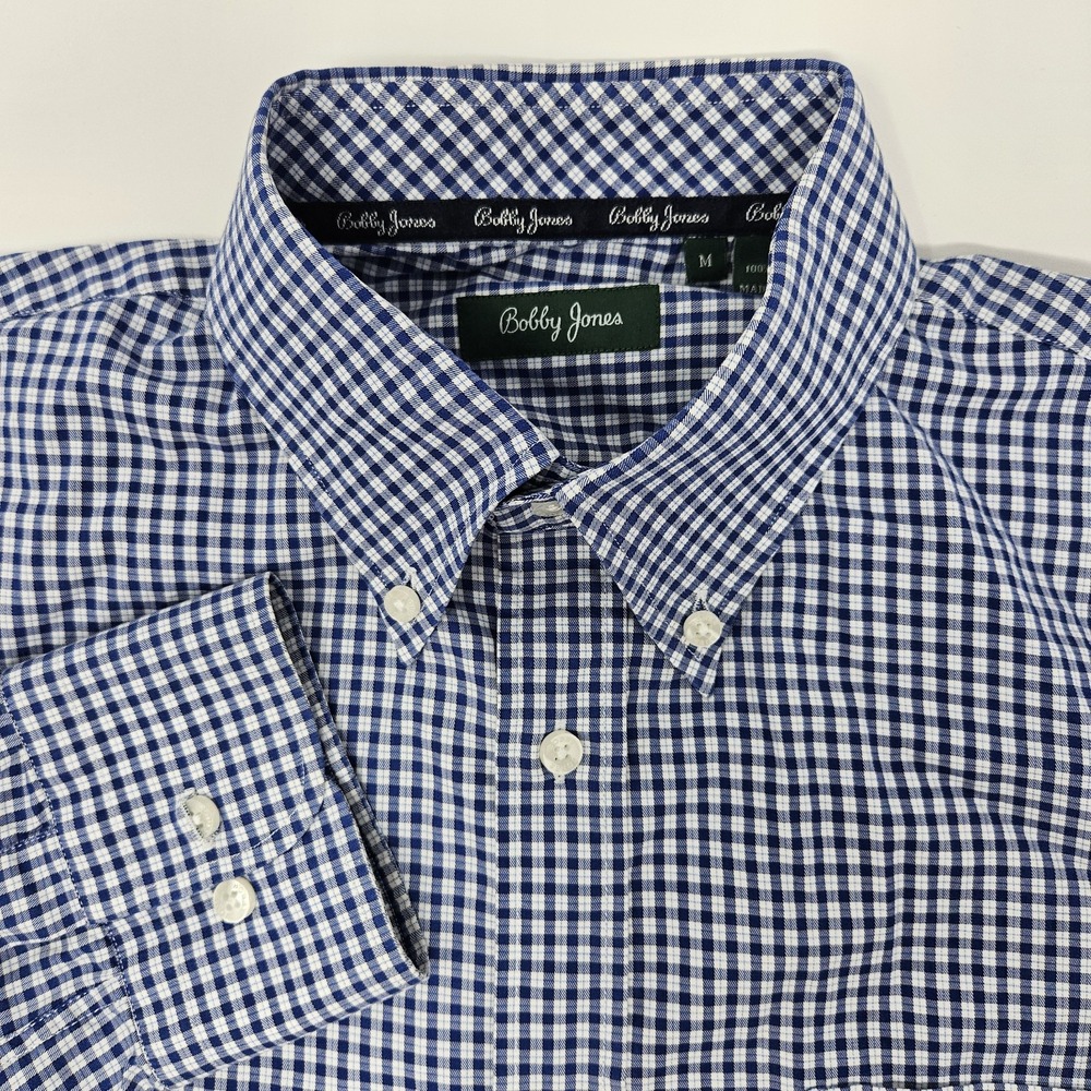 BOBBY Jones Men's Button-Up Short Blue & White Checkered Size M 100% Cotton EUC